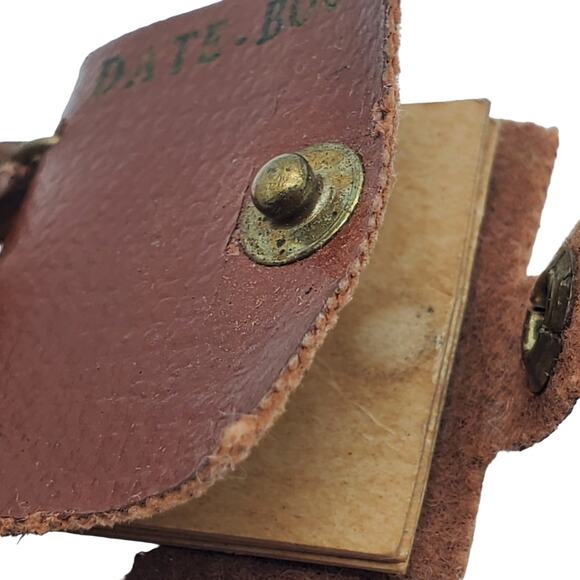 Tiny Leather Date Book Brooch Vintage 1930s Dangle Drop Pin Miniature Jewelry - Picture 9 of 10